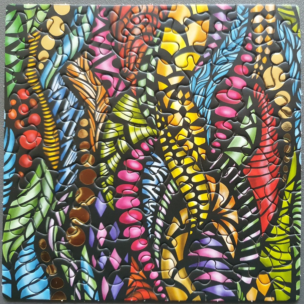 Abstract illustration with colourful, organic shapes and patterns set against a black background.