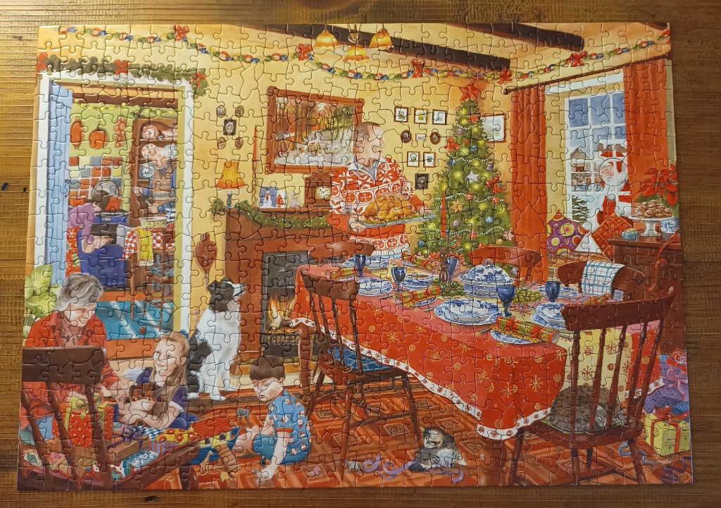 Illustration of a cozy, busy family home decorated for Christmas dinner.