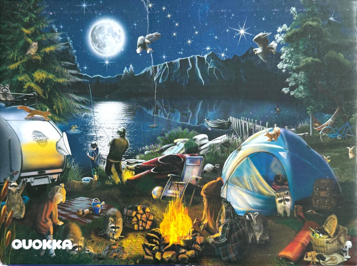 A moonlit camping scene by a lake with people, a campfire, and various forest animals.