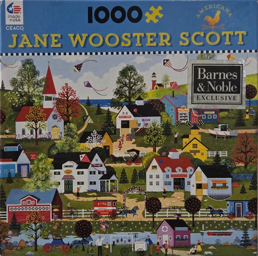 Folk art scene of a quaint American village with a church, shops, houses, and people flying kites.