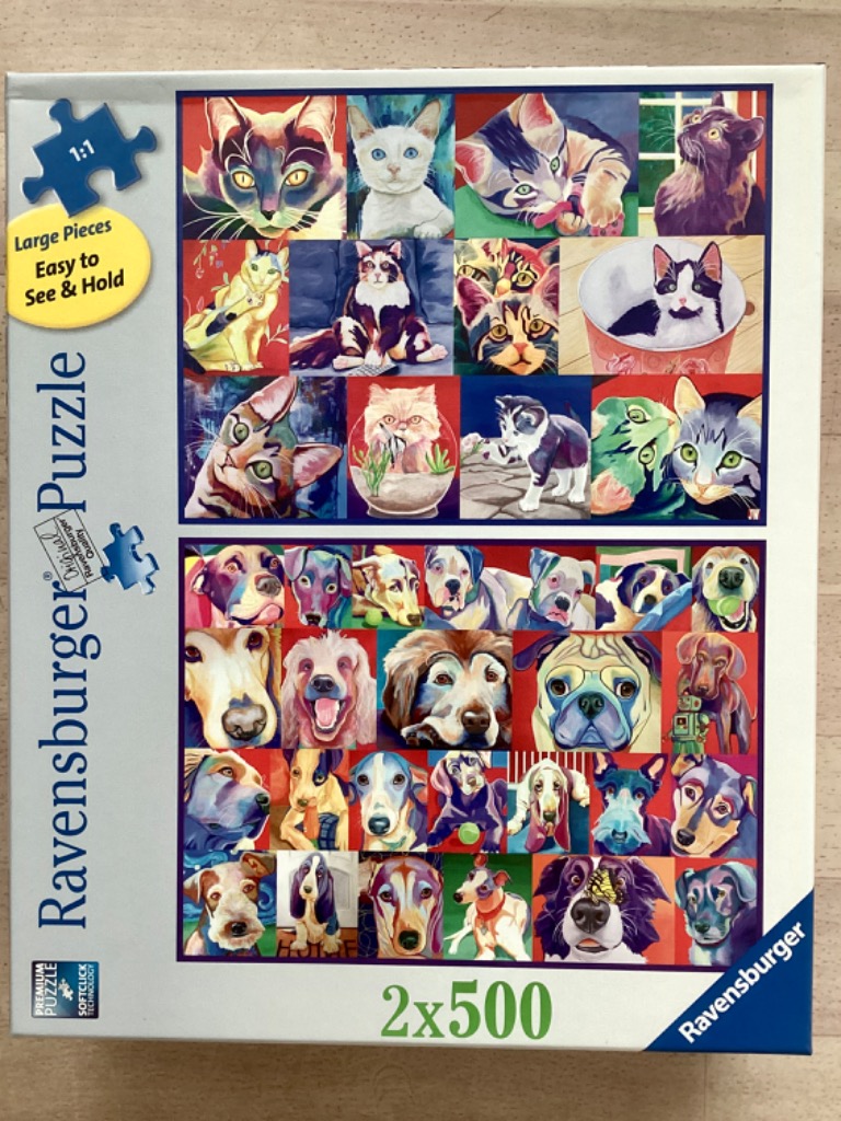 A collage of colourful artistic portraits of various cats and dogs.
