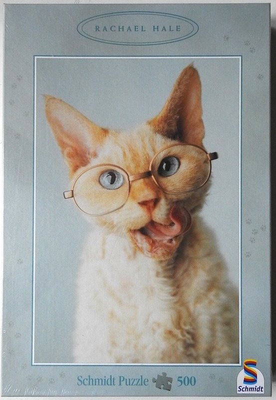 A close-up photograph of a cream-colored Rex cat wearing round wire-rimmed glasses and licking its lips.
