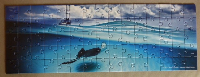 A split-level underwater photograph of a stingray swimming in clear blue water with a sailboat visible on the horizon.