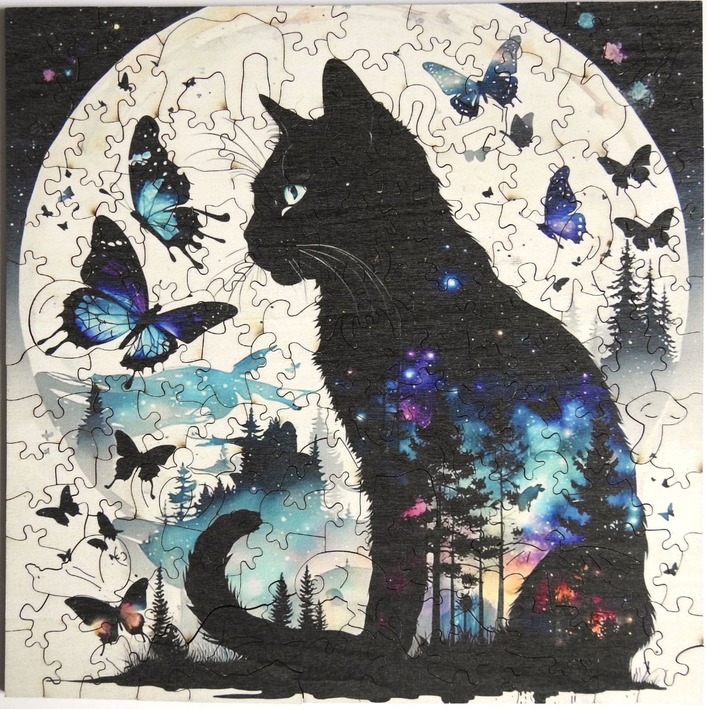A silhouette of a black cat against a full moon, with butterflies and a galaxy-filled forest scene inside its body.