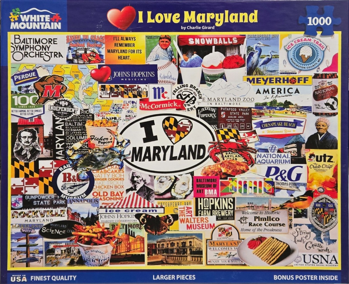 A collage of images, logos, and text related to Maryland culture, landmarks, and cuisine.
