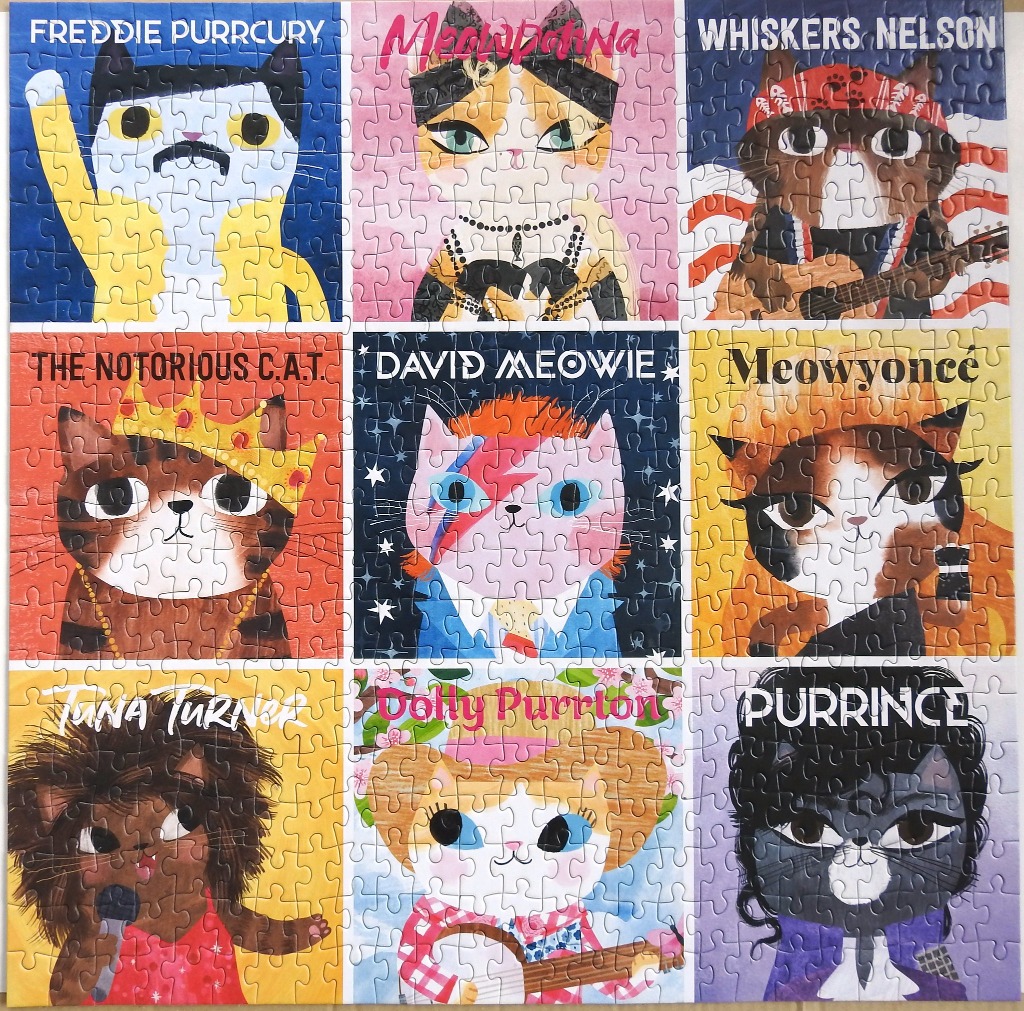 A grid of nine cat-themed parodies of famous musicians and pop culture icons.