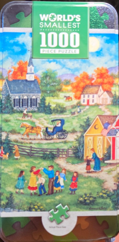 A nostalgic folk art scene of a rural village with children playing in the foreground and a horse-drawn carriage.