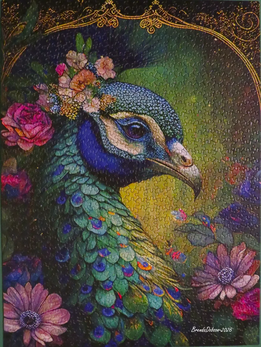Portrait of a peacock adorned with flowers framed in a decorative gold archway.