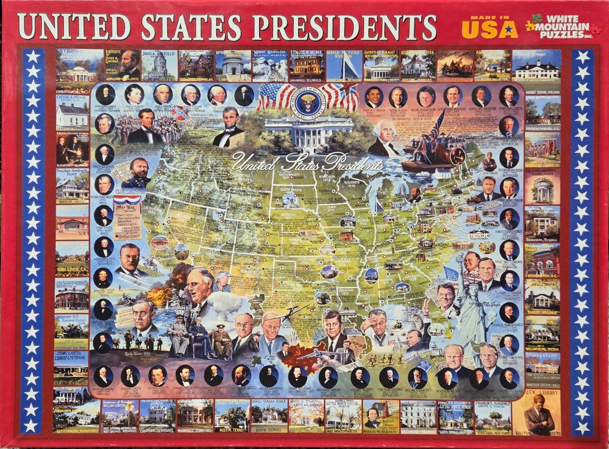 A collage map of the United States featuring portraits of presidents and historic landmarks.