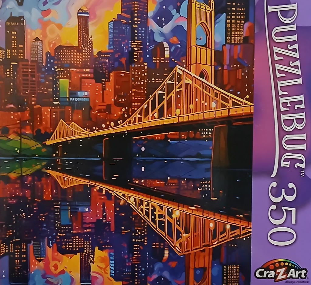 Artistic, vibrant illustration of a city skyline and bridge at night reflected in water.