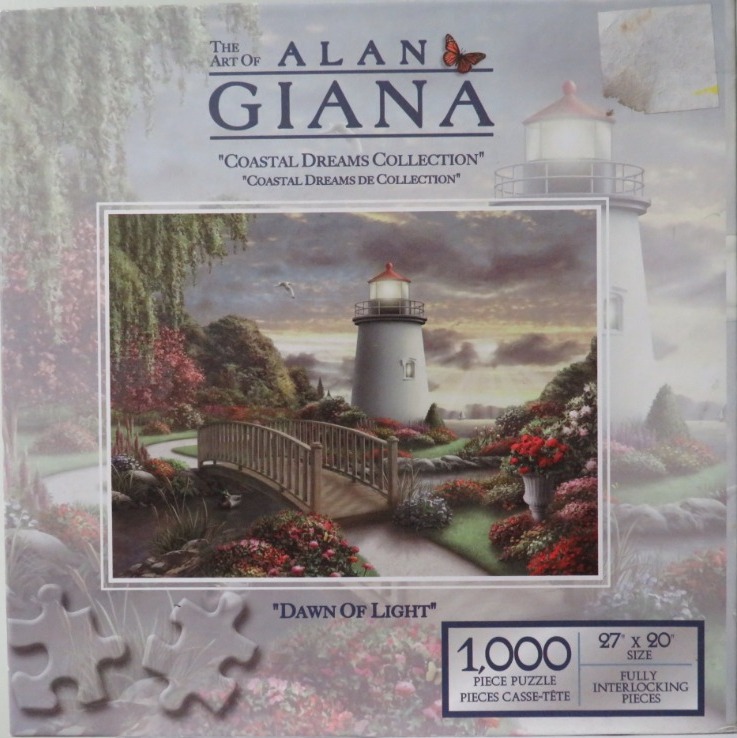 A peaceful coastal scene featuring a lighthouse behind a footbridge and lush, blooming gardens at dawn.