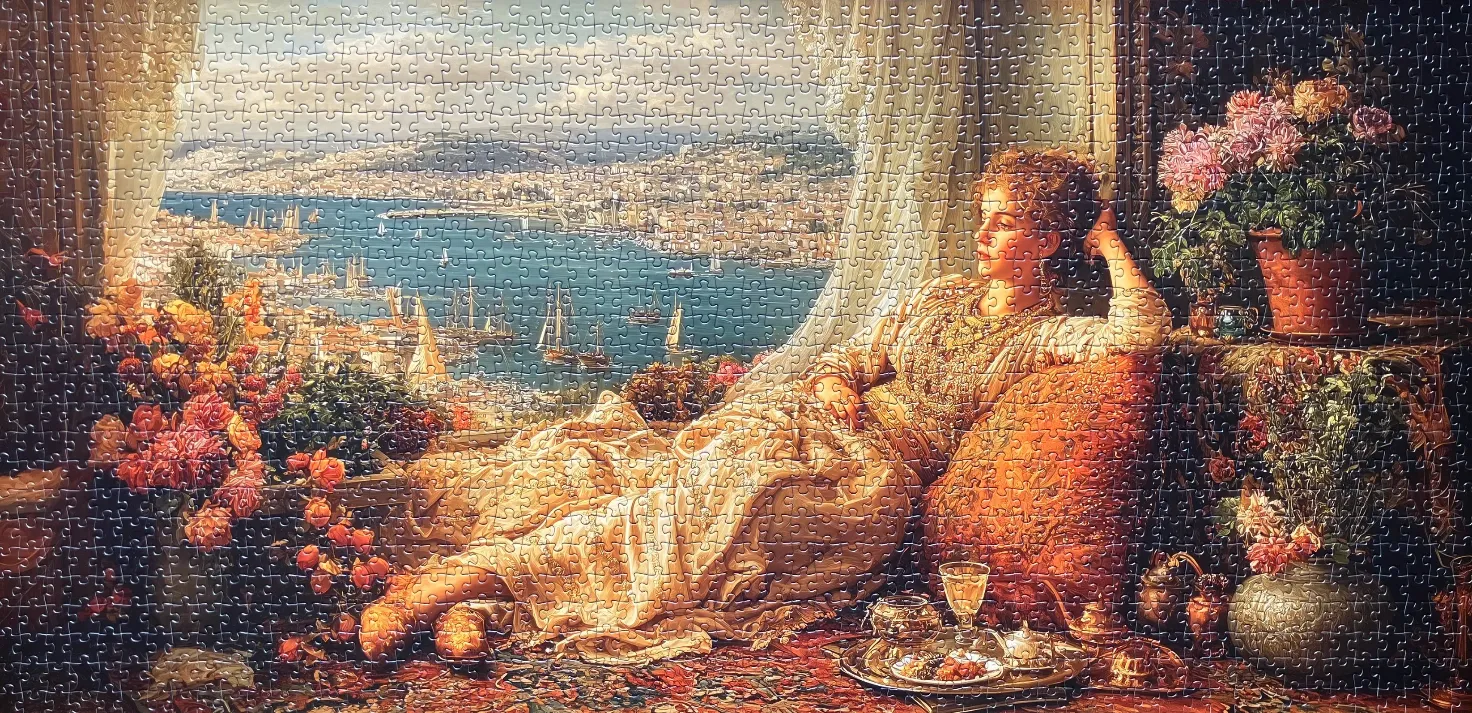 An oil painting of a woman lounging on a balcony overlooking a scenic bay with ships and a sprawling hillside city.