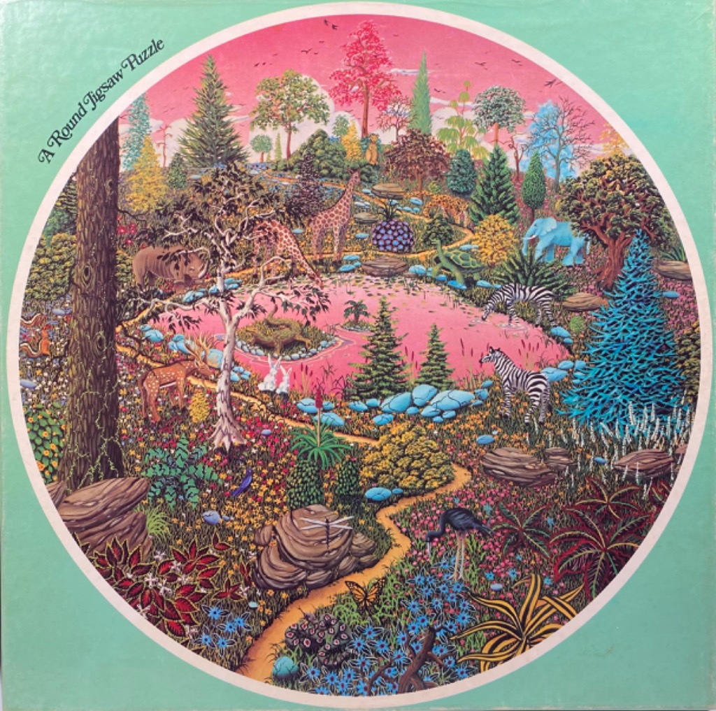 A fantasy illustration of diverse animals in a vibrant, pink-hued forest landscape, presented in a circular format.