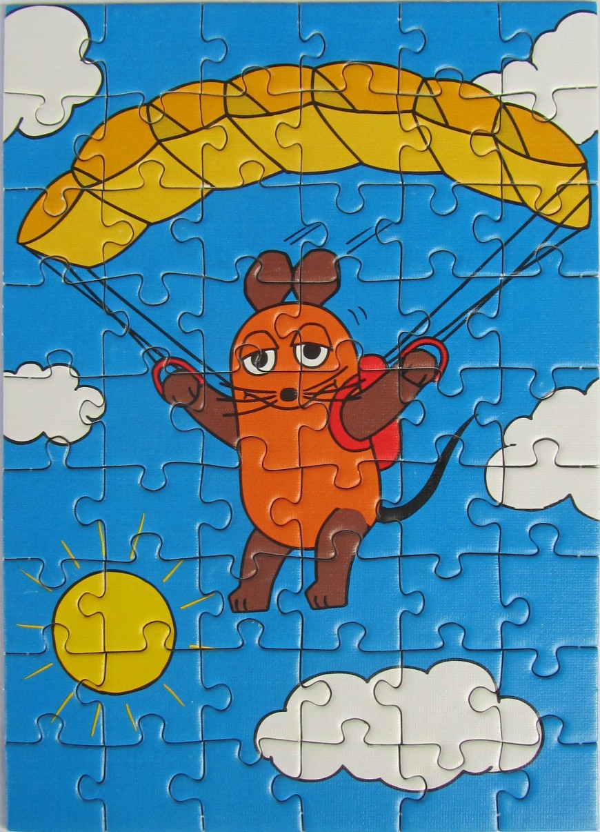 A cartoon mouse parachuting through a blue sky with clouds and a sun.