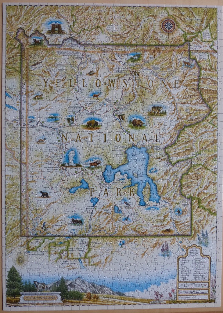 A decorative illustrated map of Yellowstone National Park featuring wildlife vignettes, geographical features, and a legend.