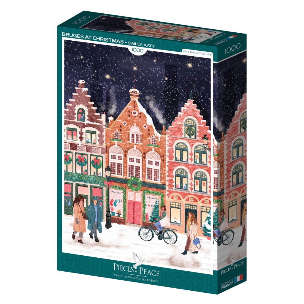 Illustration of a snowy Bruges street at night during Christmas with pedestrians and decorated brick buildings.