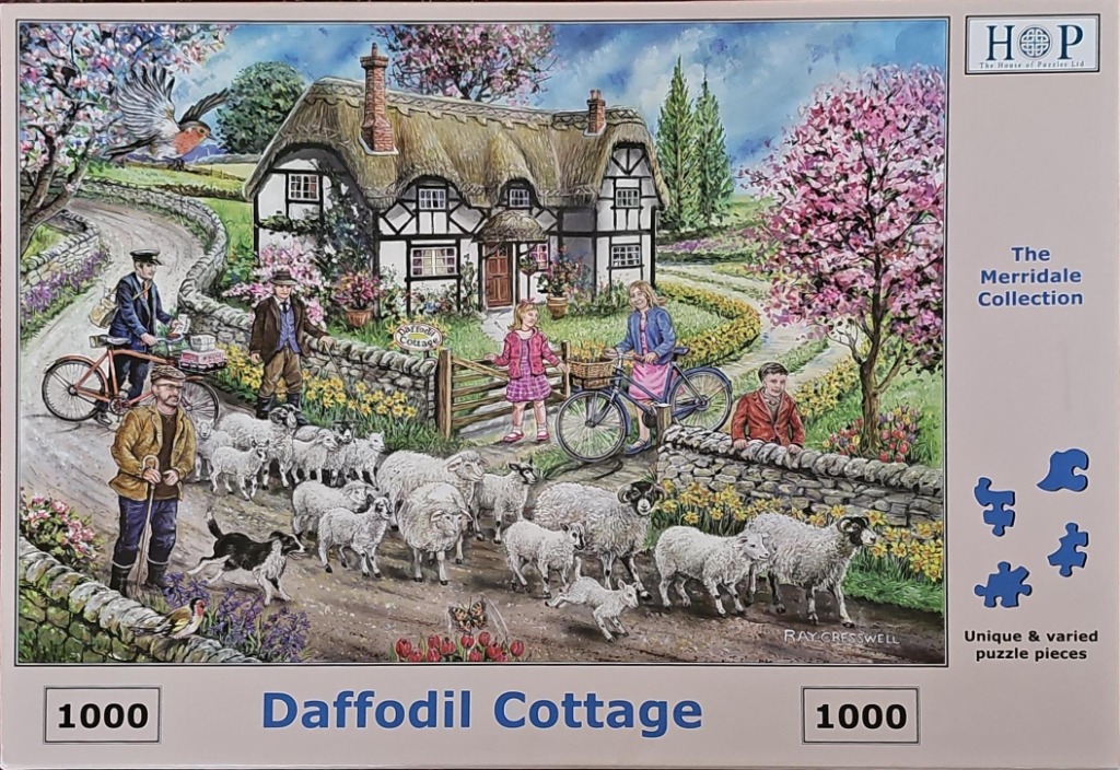 A countryside illustration of a quaint thatched cottage with people and sheep on a lane surrounded by spring flowers.