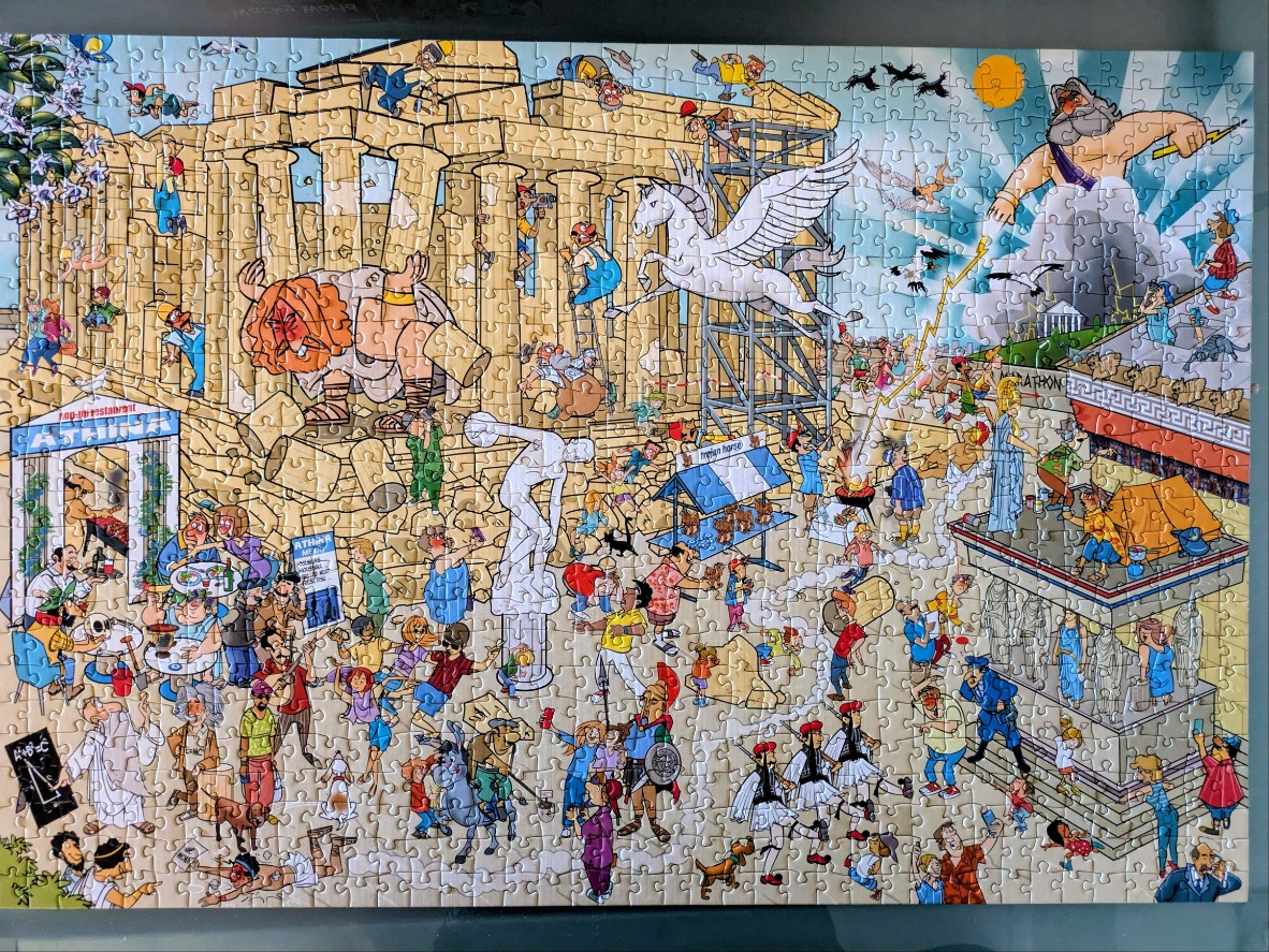 A cartoon illustration of tourists visiting the Parthenon in Athens with Greek mythological figures.