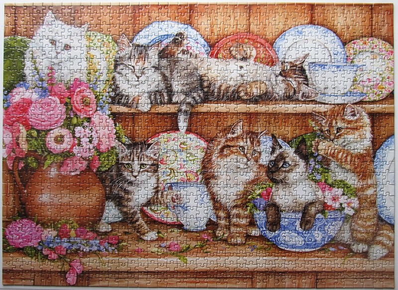 An illustration of many cats interacting with floral vases and plates on wooden shelves.