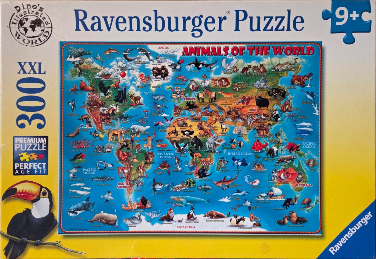An illustrated map of the world depicting animals in their native habitats.