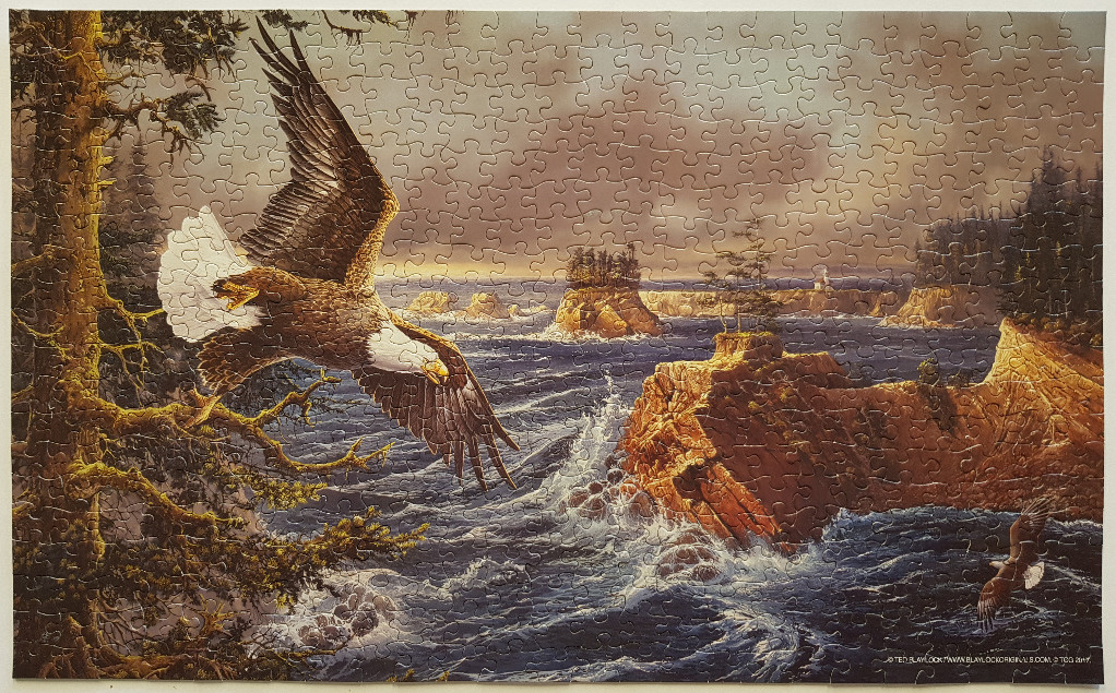 An oil painting of two bald eagles flying over a rocky, wave-swept coastline at twilight.