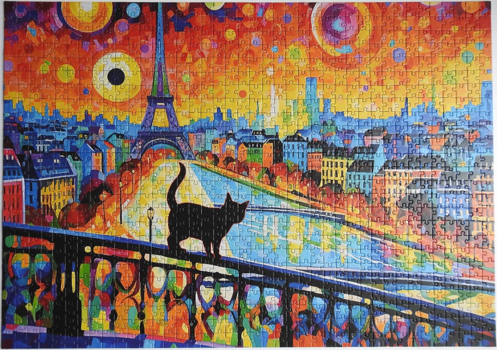 A black cat sits on a railing overlooking the Paris skyline with the Eiffel Tower against a swirling sunset.