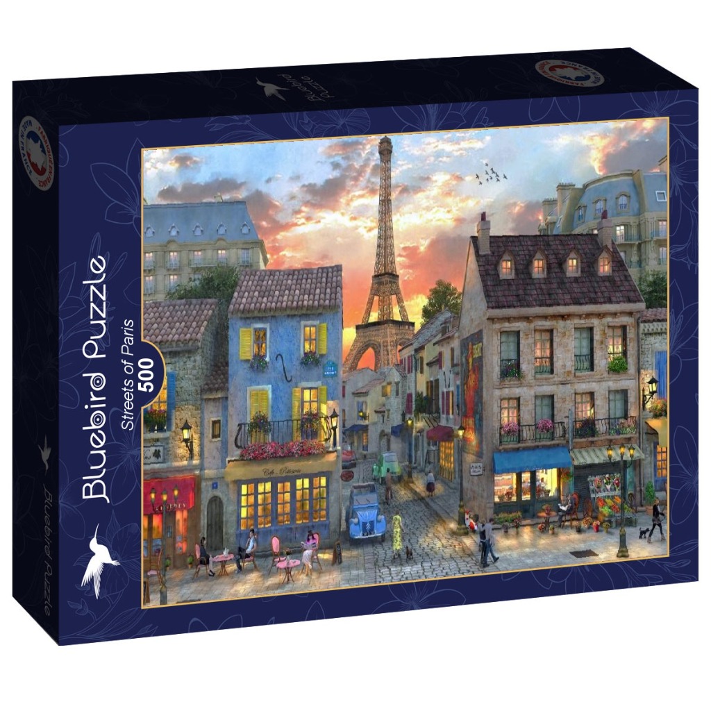 A charming Paris street scene at sunset featuring the Eiffel Tower in the background.
