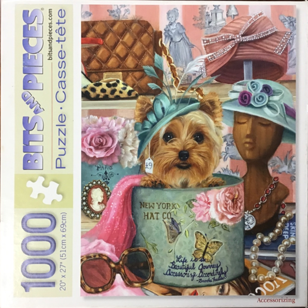 An illustration of a Yorkshire terrier wearing a hat, surrounded by fashion accessories and roses.