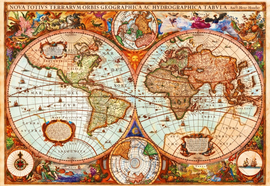 A vintage world map featuring two large hemispheres surrounded by ornate mythological and allegorical illustrations.