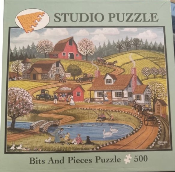 A nostalgic rural landscape painting featuring a farm, a pond, and period-style vehicles in spring.