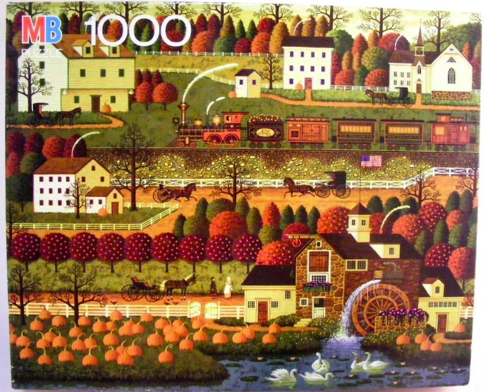 Folk art illustration of a rural autumn village with a steam train, water mill, and a pumpkin patch.