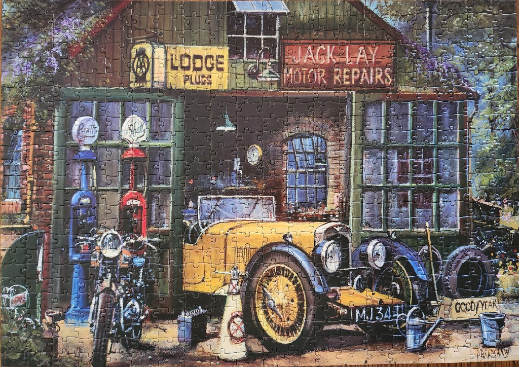 A nostalgic painting of a vintage yellow roadster parked outside Jack Lay Motor Repairs, an old-fashioned garage.