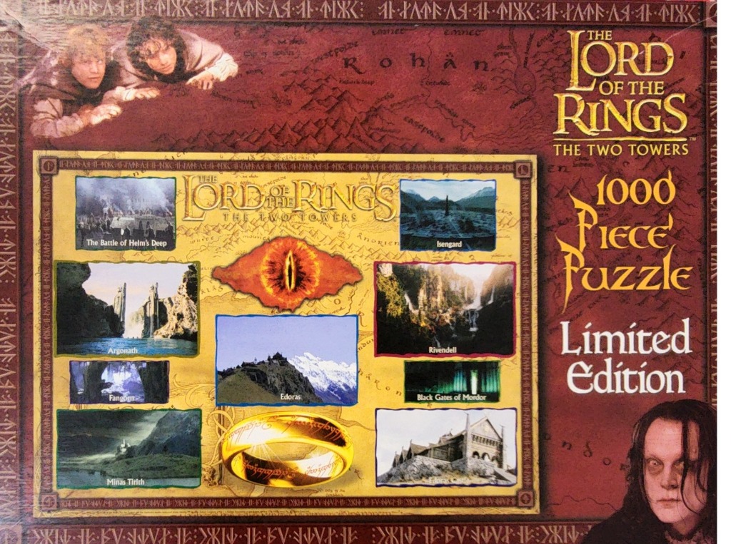 Collage of scenes from The Lord of the Rings: The Two Towers against a parchment map background.