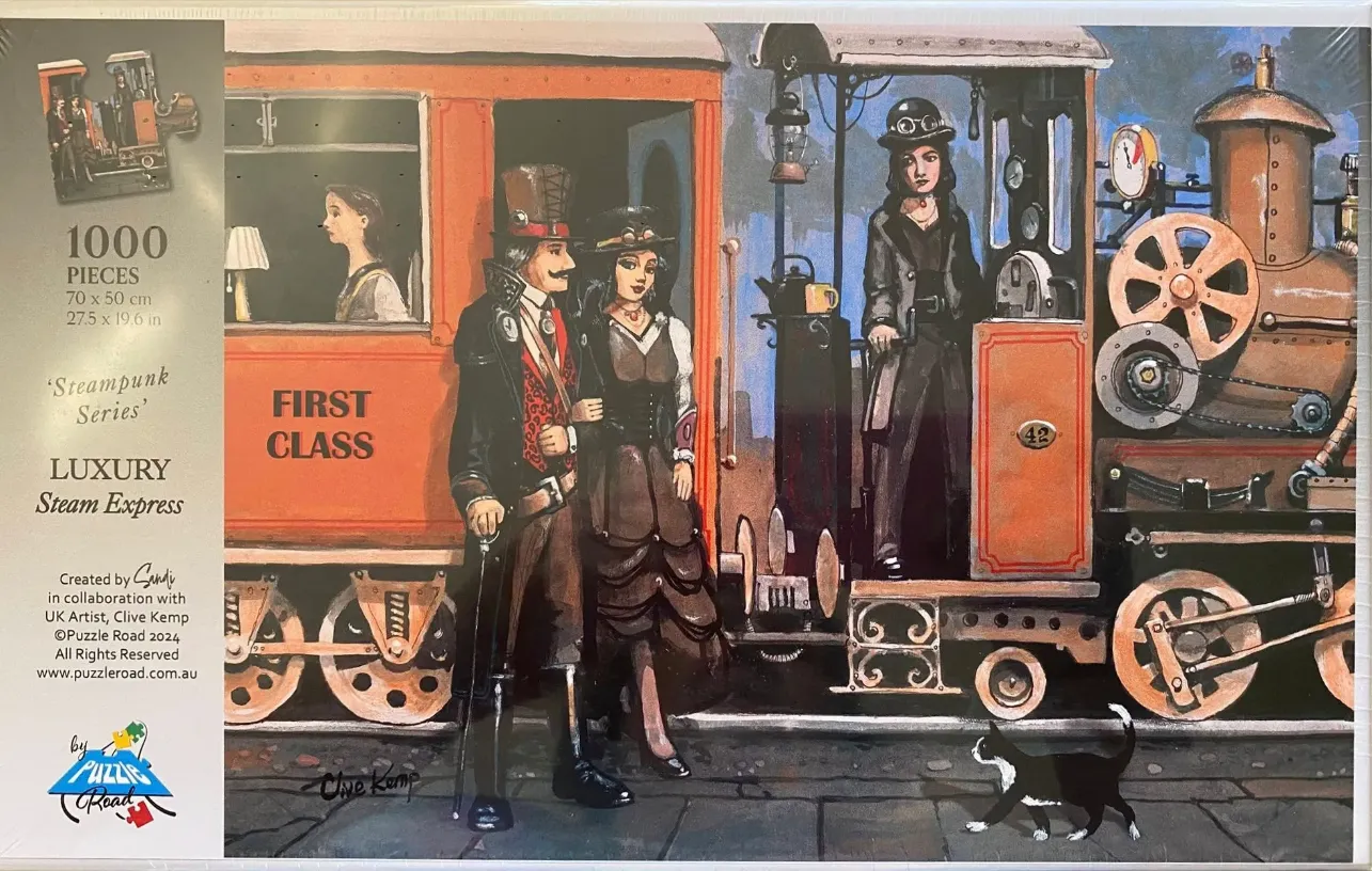 Steampunk scene featuring a steam train, two Victorian-dressed characters, and a cat at a station platform.
