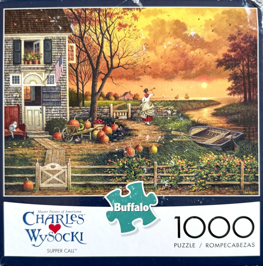A colonial-style home with pumpkins, a woman blowing a horn, and a coastal sunset in an Americana folk art style.