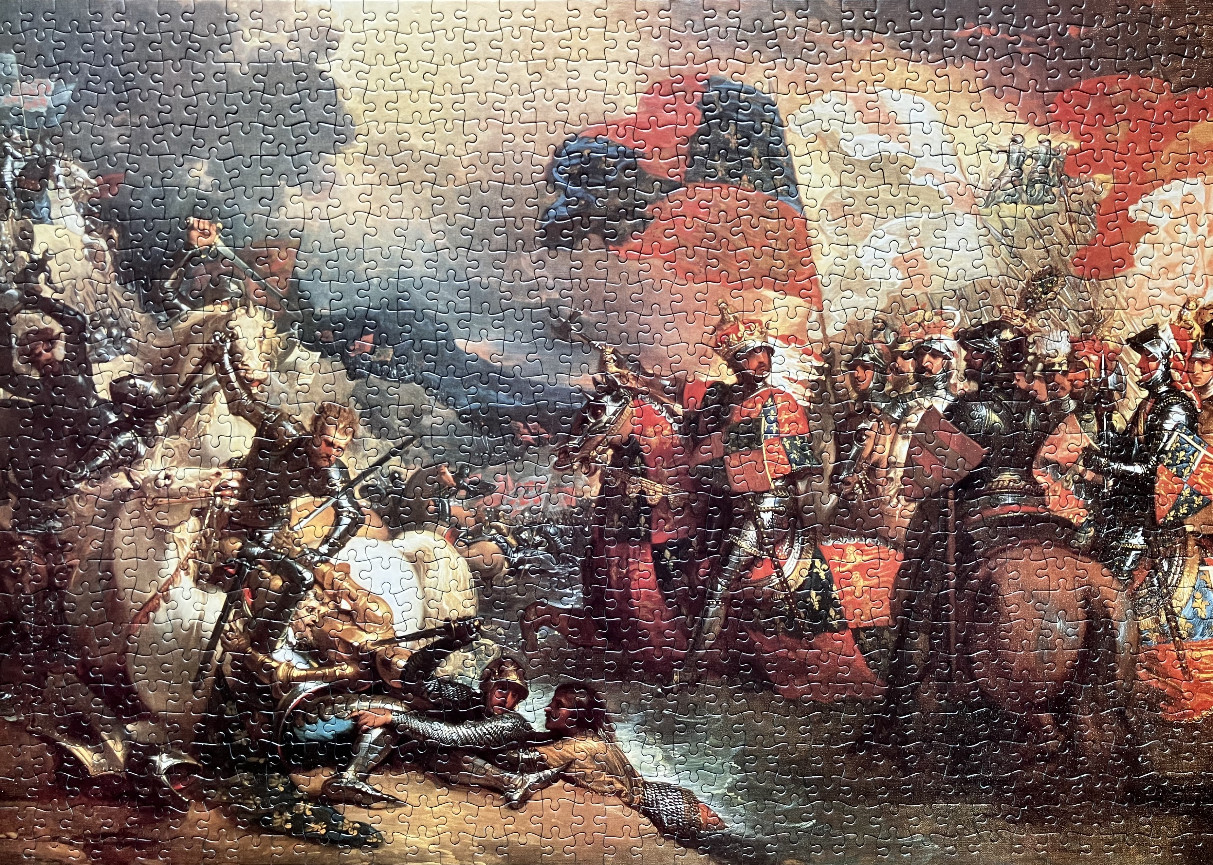A dramatic historical painting of a medieval battle scene featuring knights in armor on horseback.