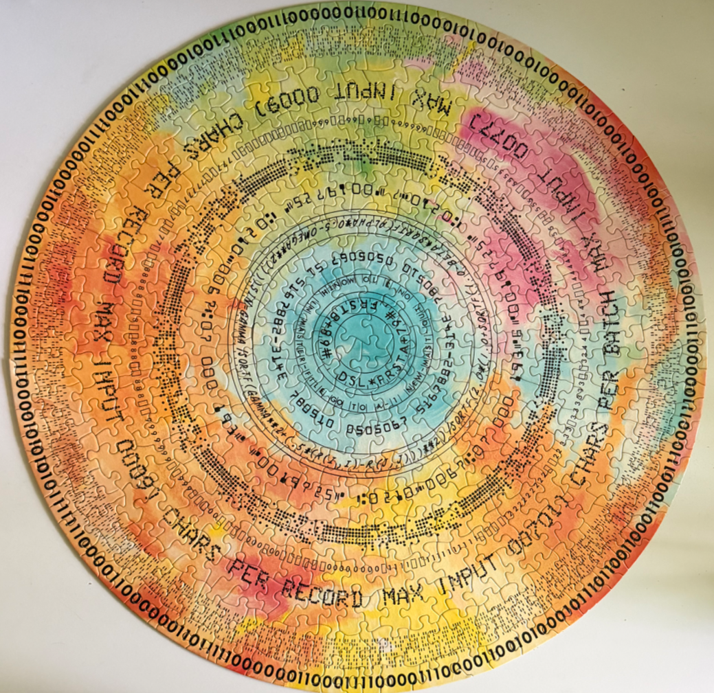 A circular illustration featuring concentric rings of computer code, numbers, and watercolor washes in rainbow hues.