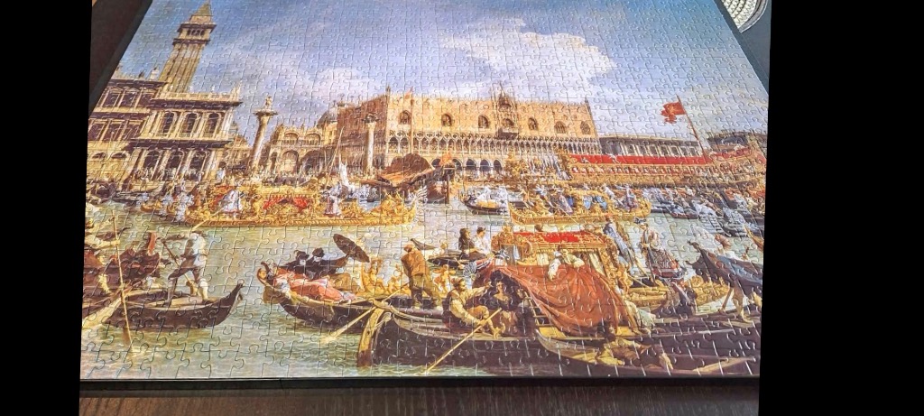 Classical oil painting of a Venetian canal festival with ornate boats, the Doge's Palace, and St. Mark's Campanile.