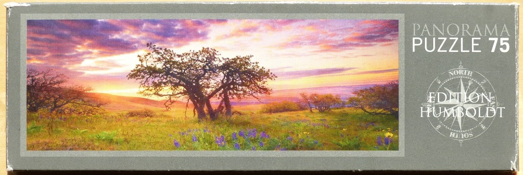 A panoramic landscape featuring a silhouette of an oak tree at sunset in a meadow with purple flowers.