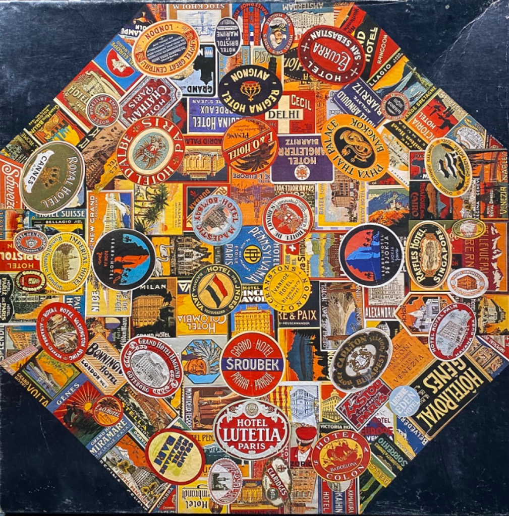 A collage of vintage hotel luggage labels and stickers from around the world.