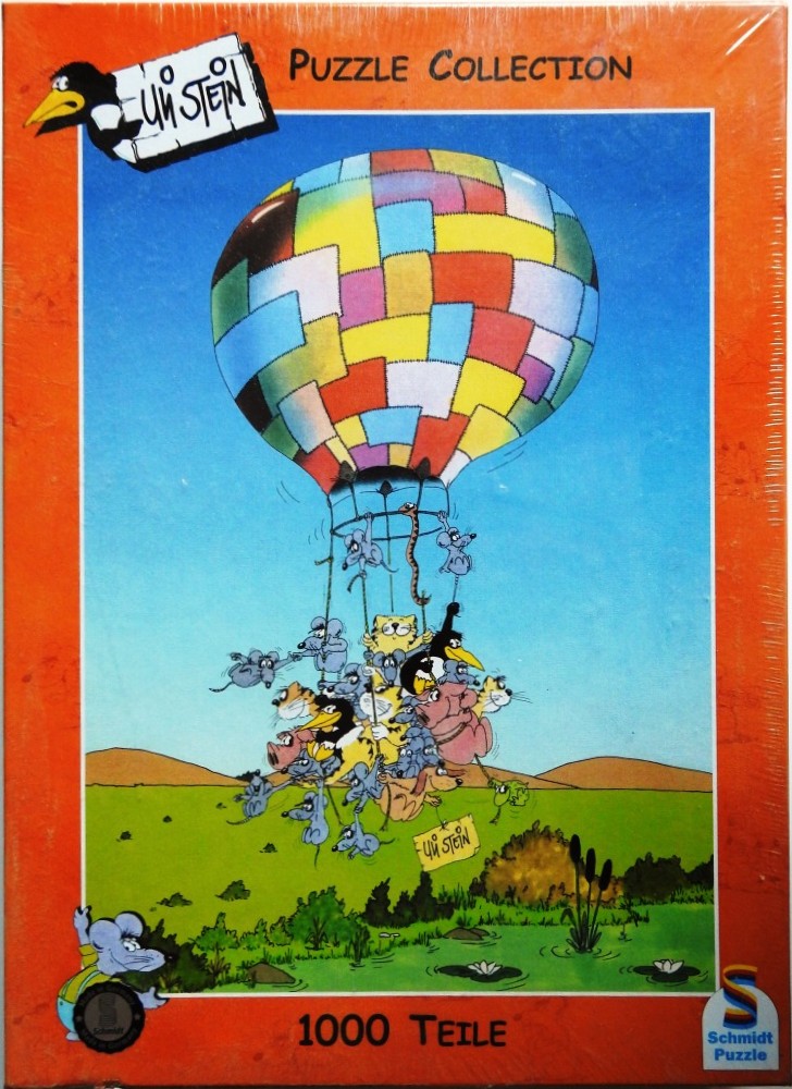 Cartoon illustration of a patchwork hot air balloon carrying a chaotic group of animals over a green landscape.