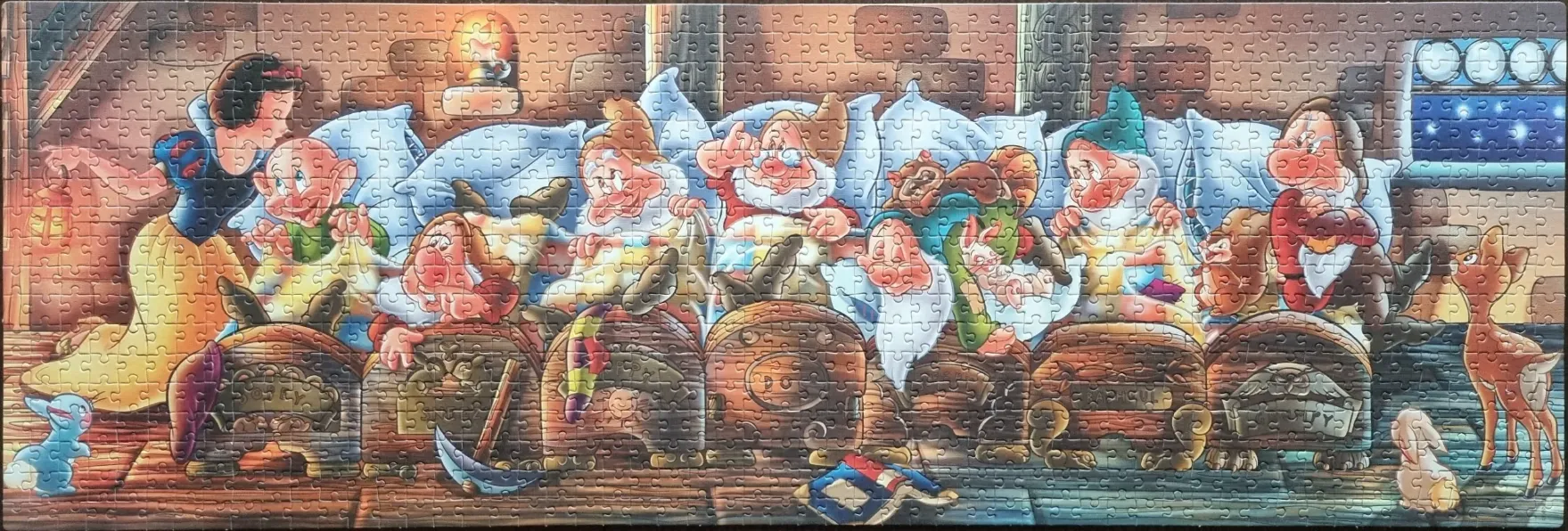 Snow White watching over the Seven Dwarfs sleeping in their beds at night.
