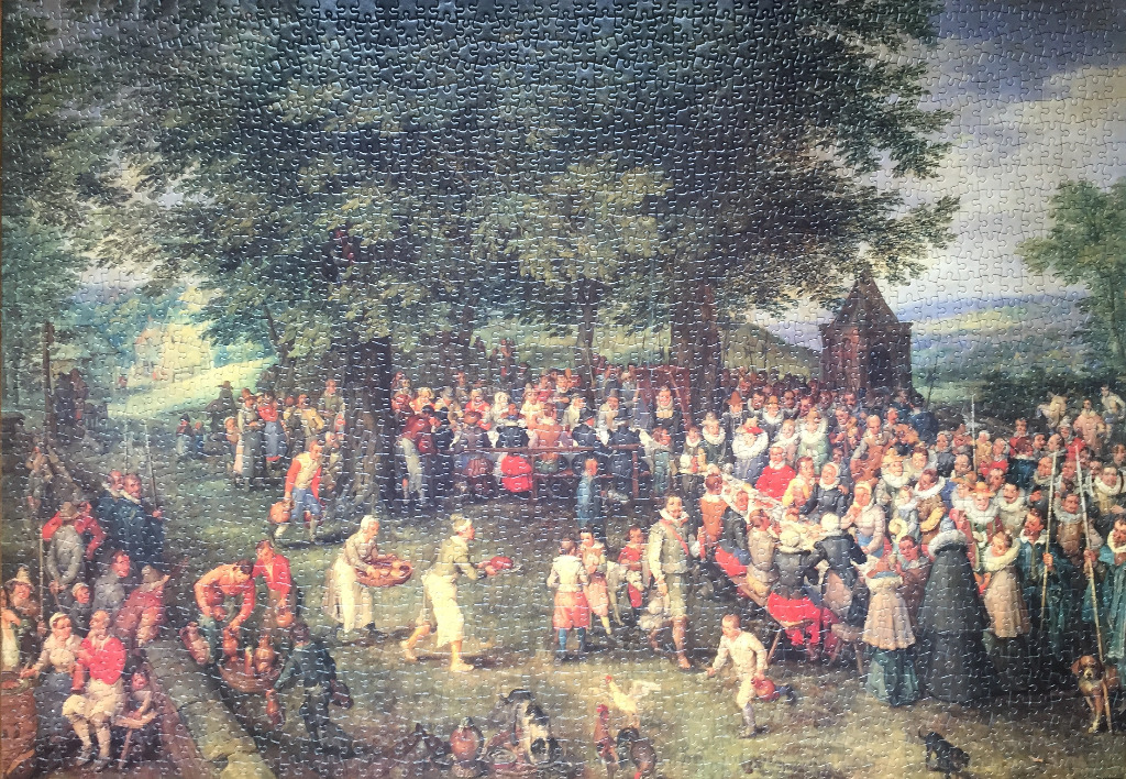 A detailed 17th-century style painting of a large outdoor village feast beneath a canopy of dense, leafy trees.