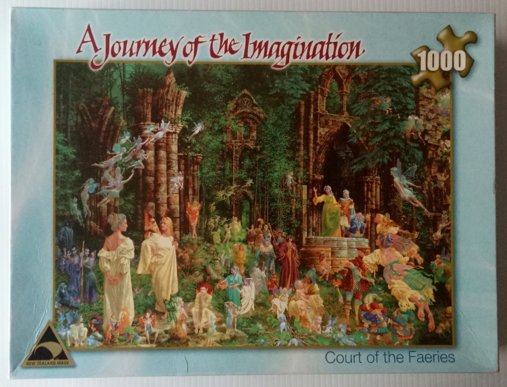 Fantasy illustration of a bustling gathering of faeries and woodland figures among ancient stone ruins.
