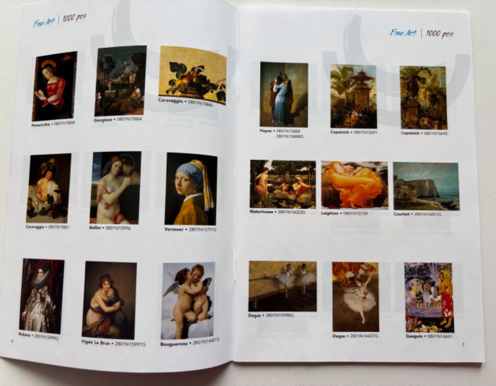 A catalog spread displaying a collection of classical fine art paintings in a grid layout.