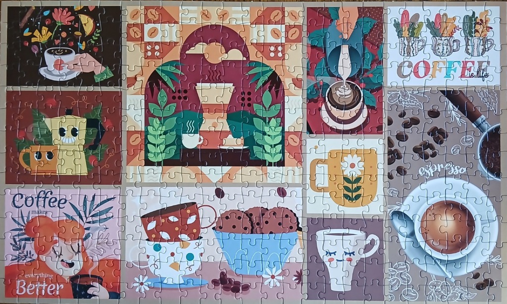 A collage of nine coffee-themed illustrations featuring cups, brewing methods, and cafe motifs in a flat graphic style.