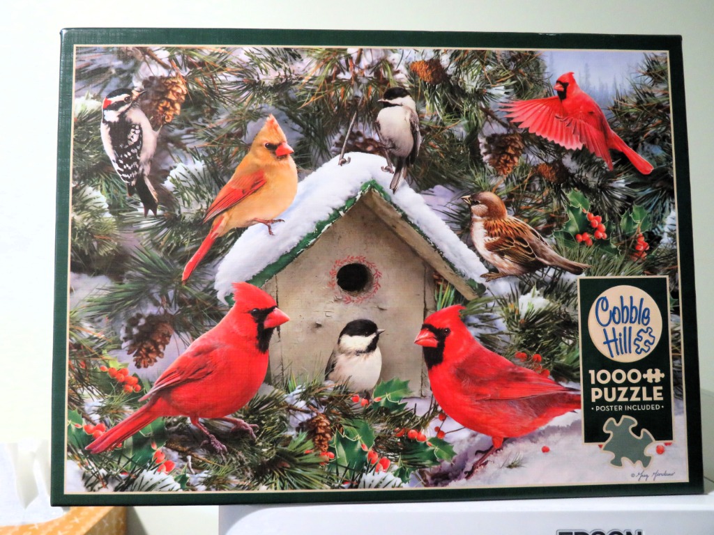 Multiple bird species including cardinals and chickadees gathered around a snow-covered wooden birdhouse in winter.