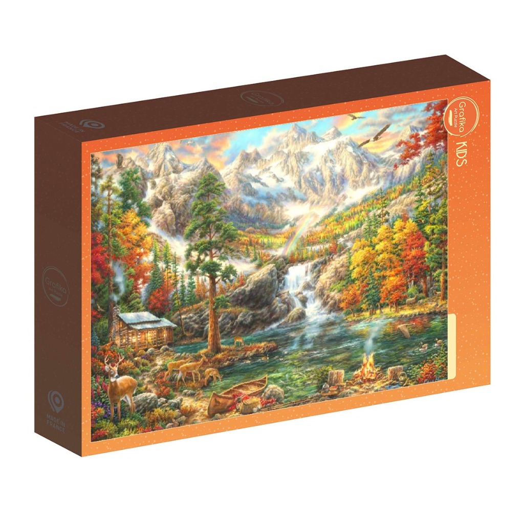 An idyllic autumn mountain landscape with a cabin, waterfall, river, and deer.