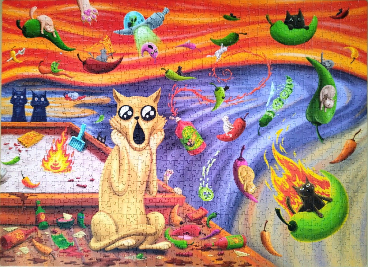 A cartoon illustration of a shocked tan cat surrounded by floating chilies, hot sauce, and small black cats.