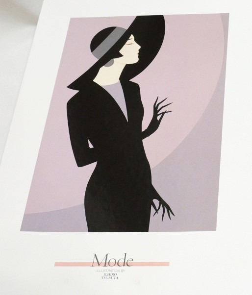 A minimalist Art Deco-style illustration of a woman in a black dress and wide-brimmed hat against a soft lavender background.